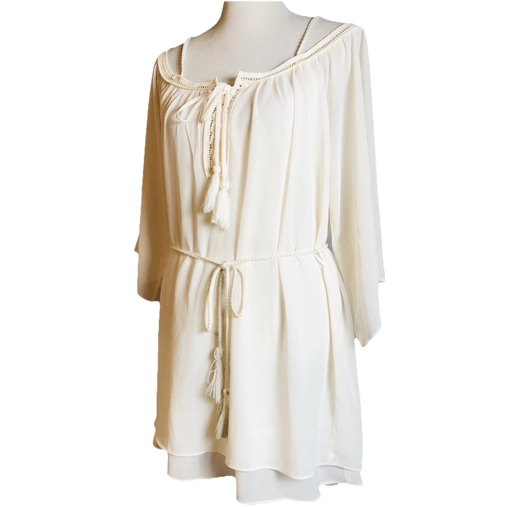 Love Culture Layered Mini Dress Sz S Cold Shoulder Ivory Belted Tassels Coastal - Picture 2 of 13